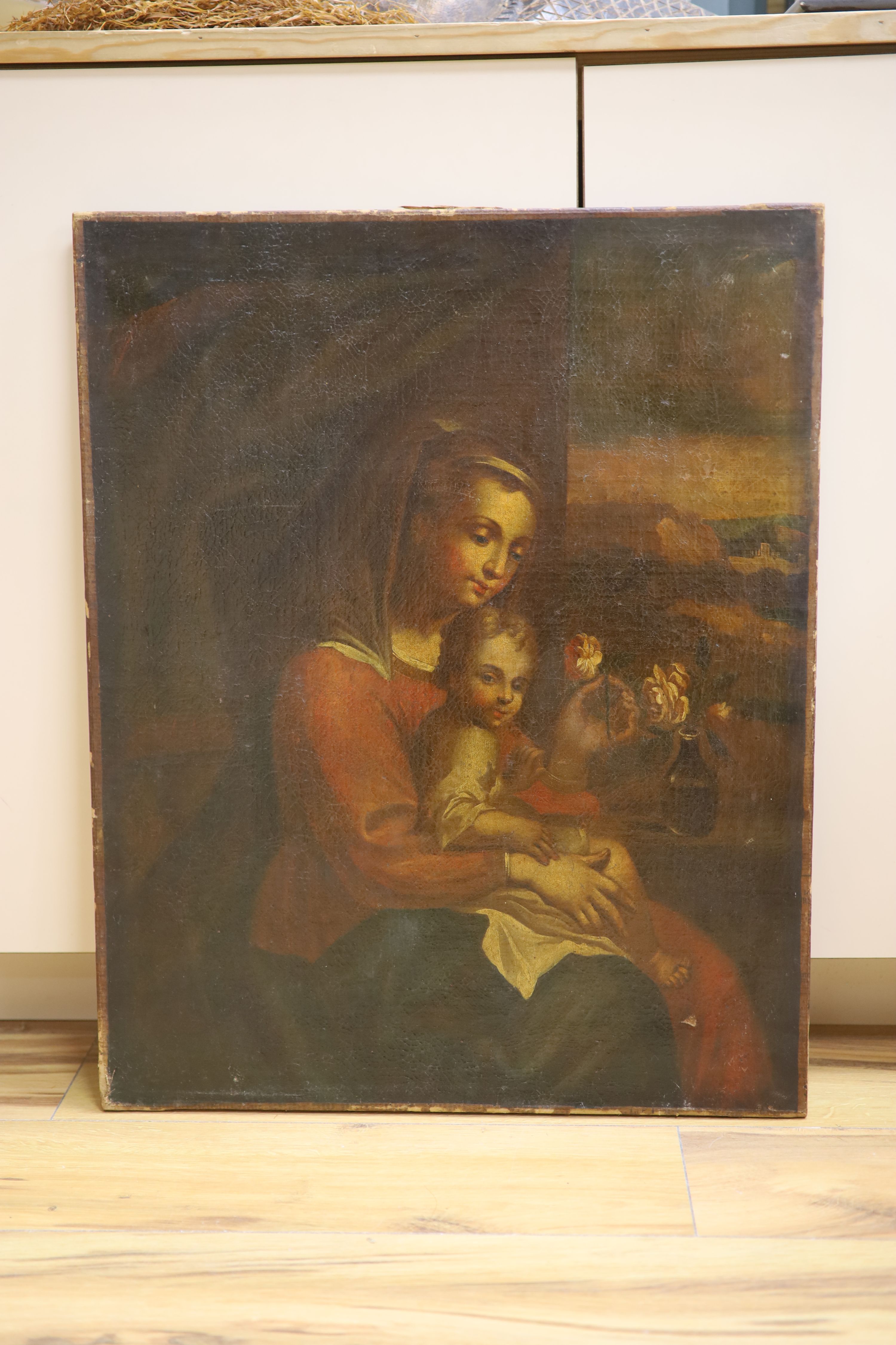 19th century Continental School, Madonna and child, oil on canvas, unframed, 65 x 52cm